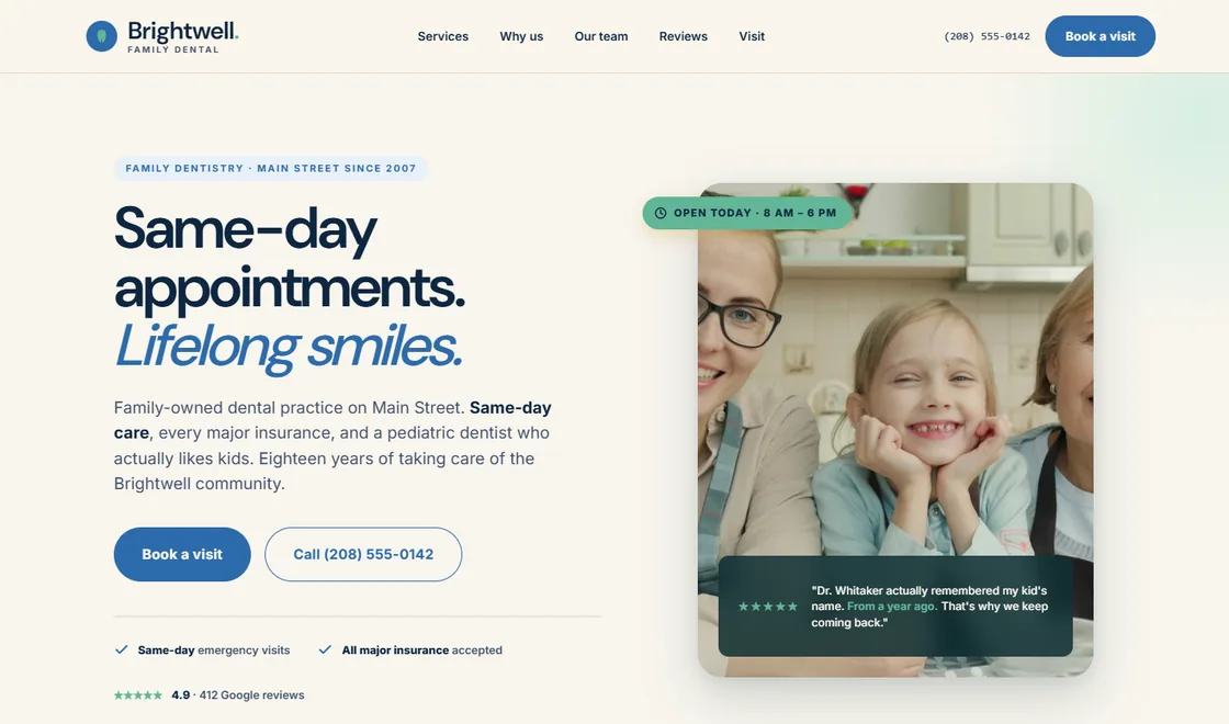 Brightwell Family Dental homepage at 1440px width