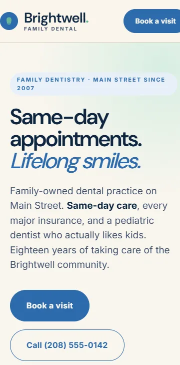 Brightwell Family Dental homepage at 375px width