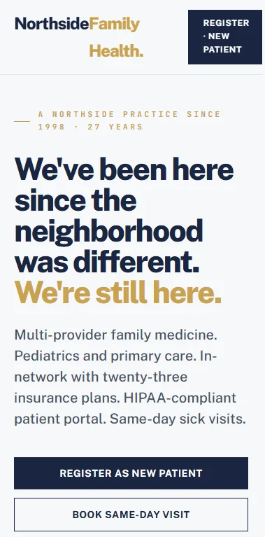 Northside Family Health homepage at 375px width