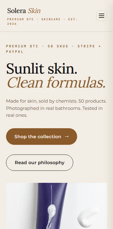 Solera Skin homepage at 375px width