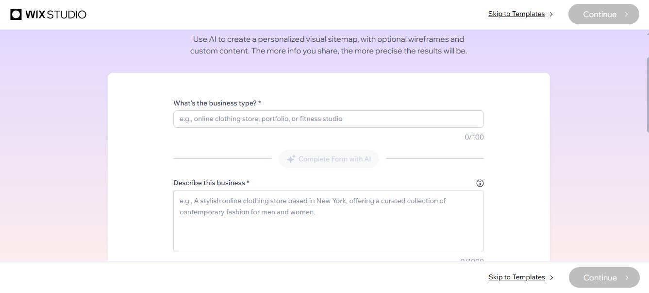 Wix Studio AI setup screen with business type and description fields for generating a sitemap