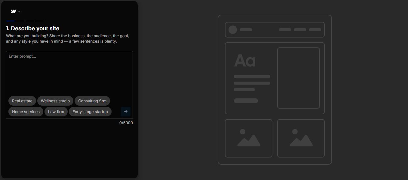 Webflow AI site builder prompt screen with a text field and business type suggestions like law firm and real estate