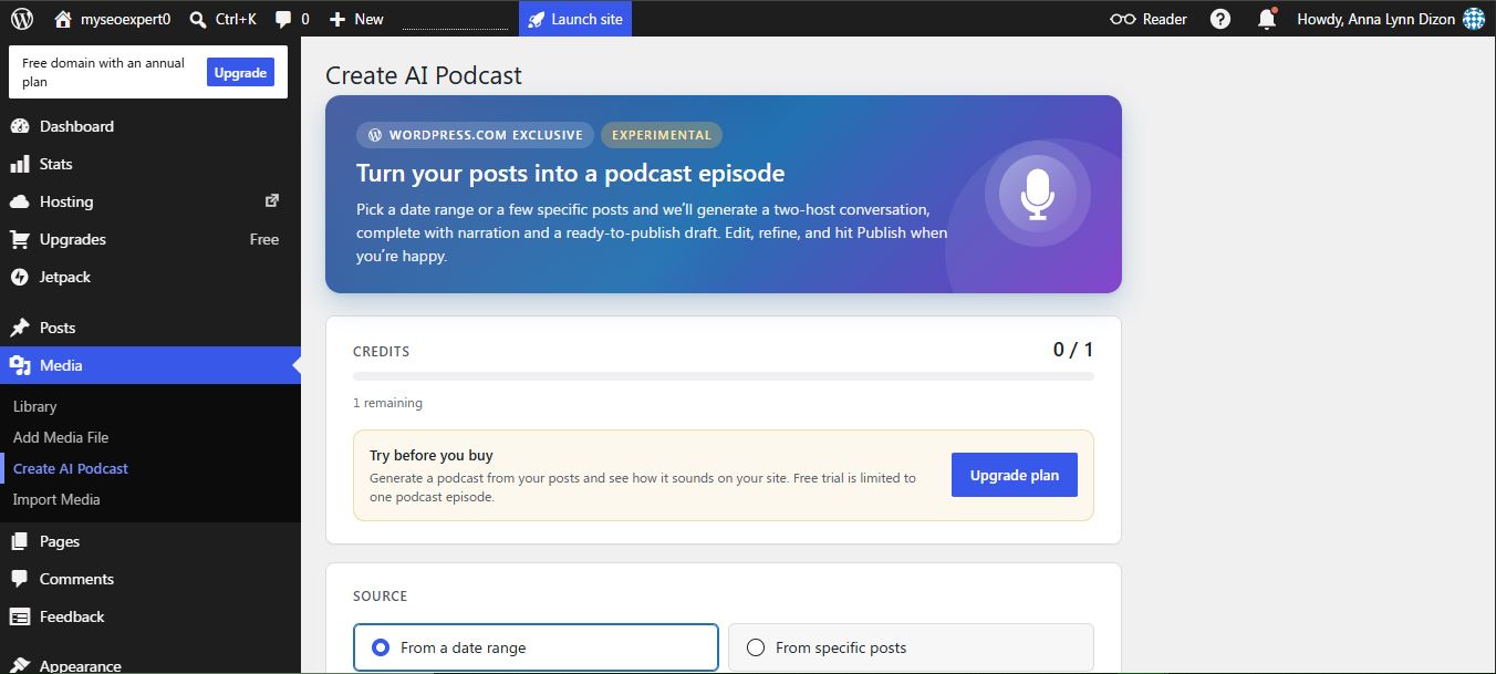 WordPress.com Create AI Podcast screen showing an experimental feature with one free credit and an upgrade prompt