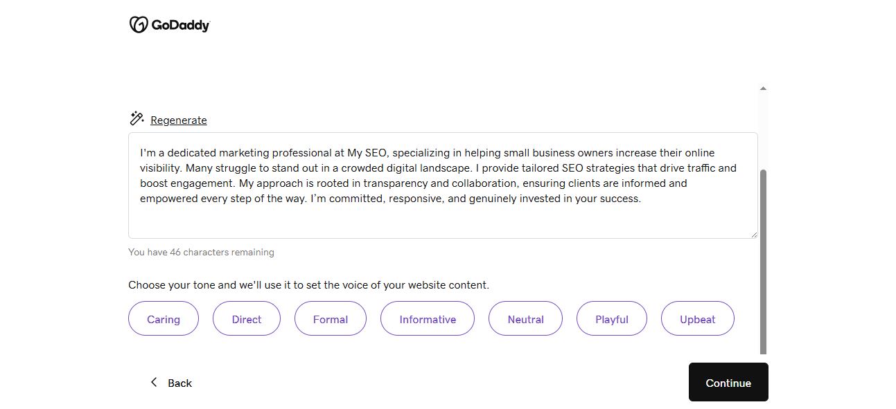 GoDaddy Airo setup showing AI-generated business description and seven tone options