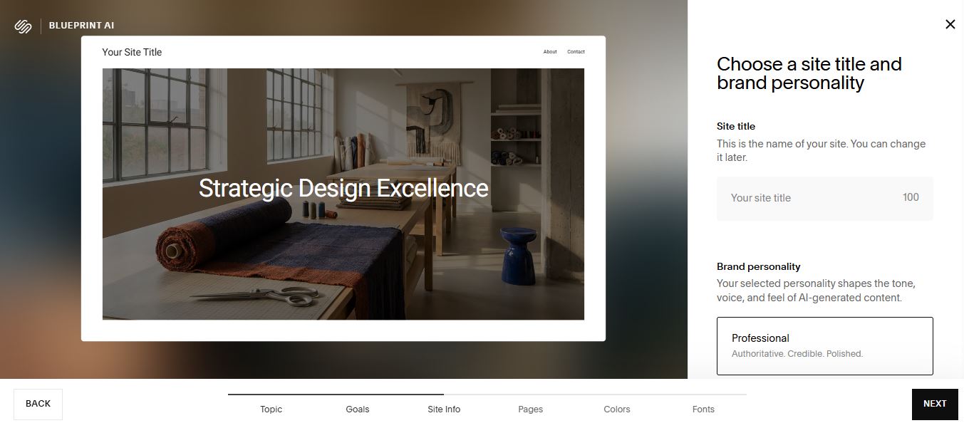 Squarespace Blueprint AI setup screen with site title and brand personality fields