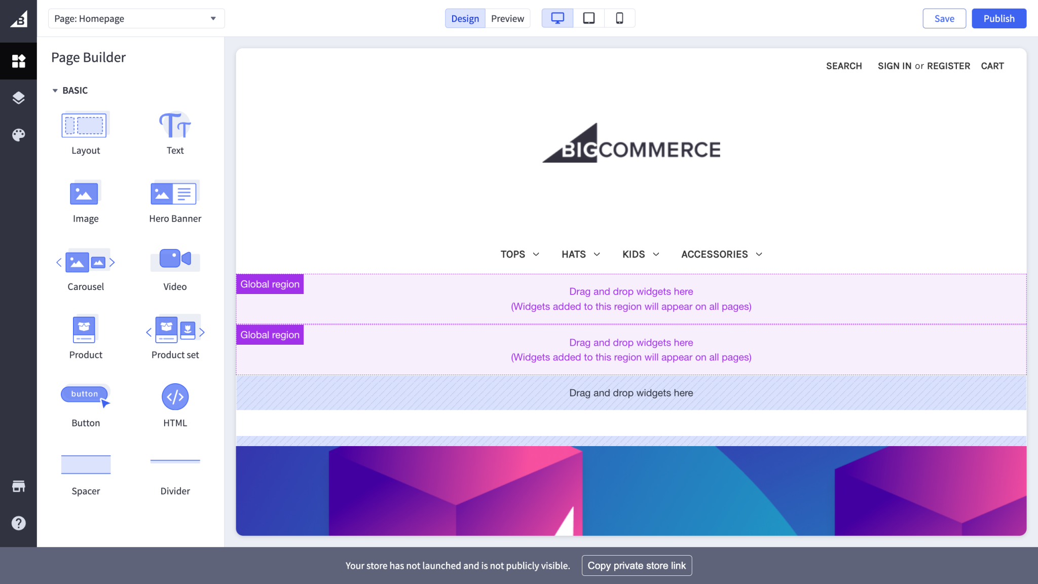 BigCommerce Page Builder interface showing drag-and-drop widget options and an unpublished storefront homepage