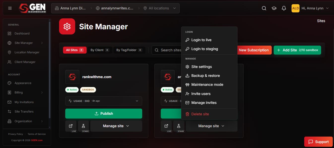 SGEN site manager showing multiple client sites with environment and vitals columns