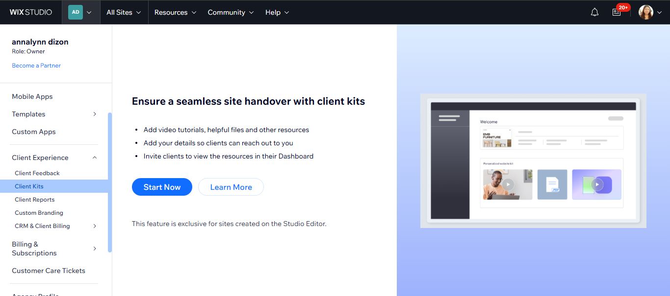 Wix Studio Client Kits screen for adding tutorials and resources to a client dashboard