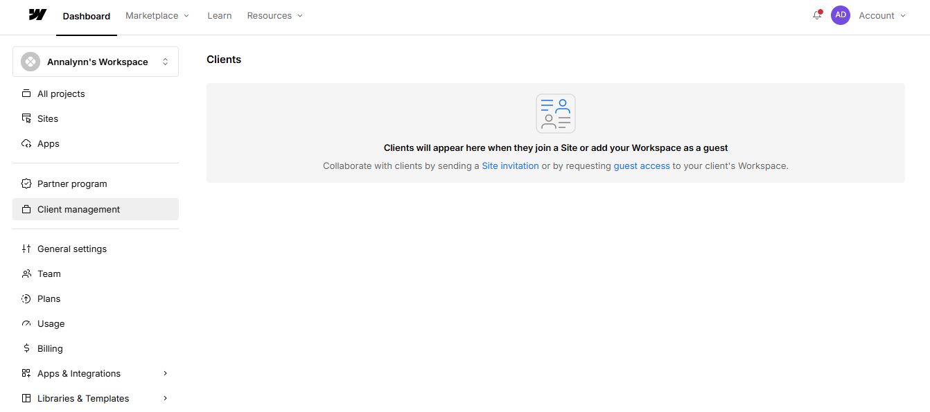Webflow Client management screen with an empty client list and options for site invitation or guest access