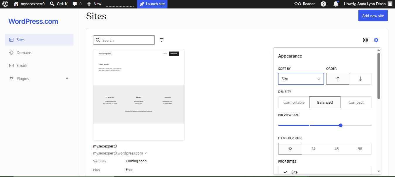 WordPress.com Sites dashboard showing a free plan site set to Coming soon on a wordpress.com subdomain