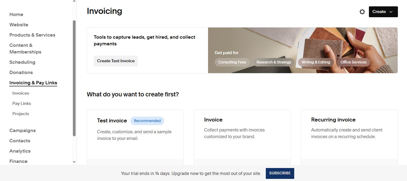 Squarespace Invoicing dashboard showing invoice, recurring invoice, and pay link options