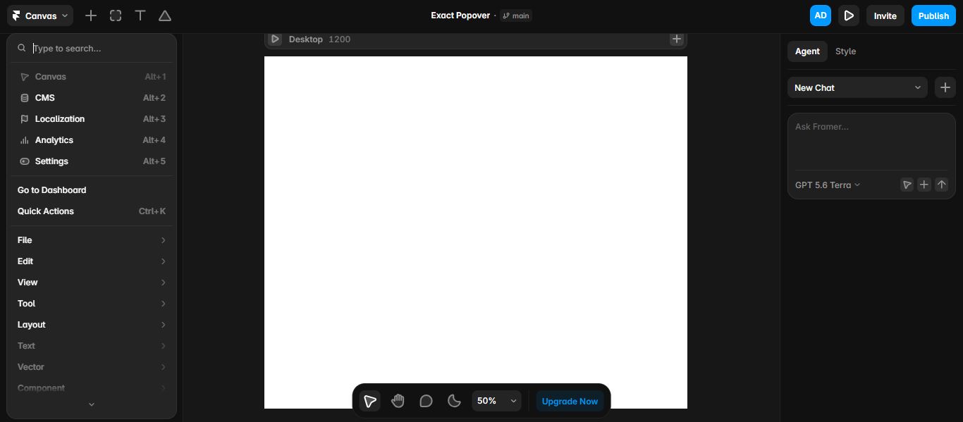 Framer canvas interface with an empty desktop artboard and the Framer AI chat agent panel open on the right.