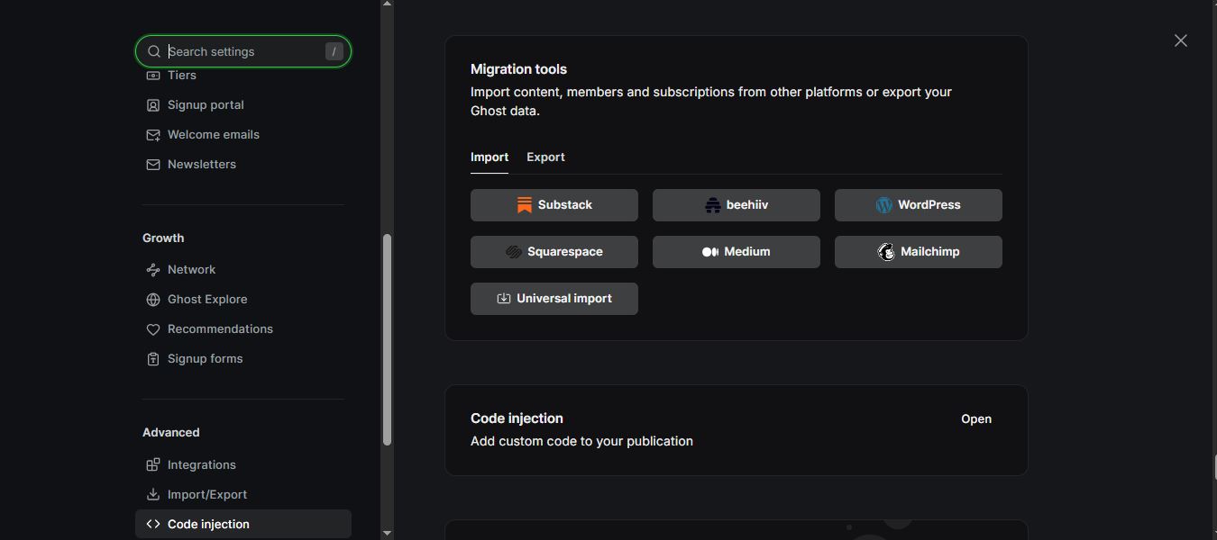 Ghost admin settings panel showing migration tools with import options for WordPress, Substack, Squarespace, Medium, and Mailchimp.