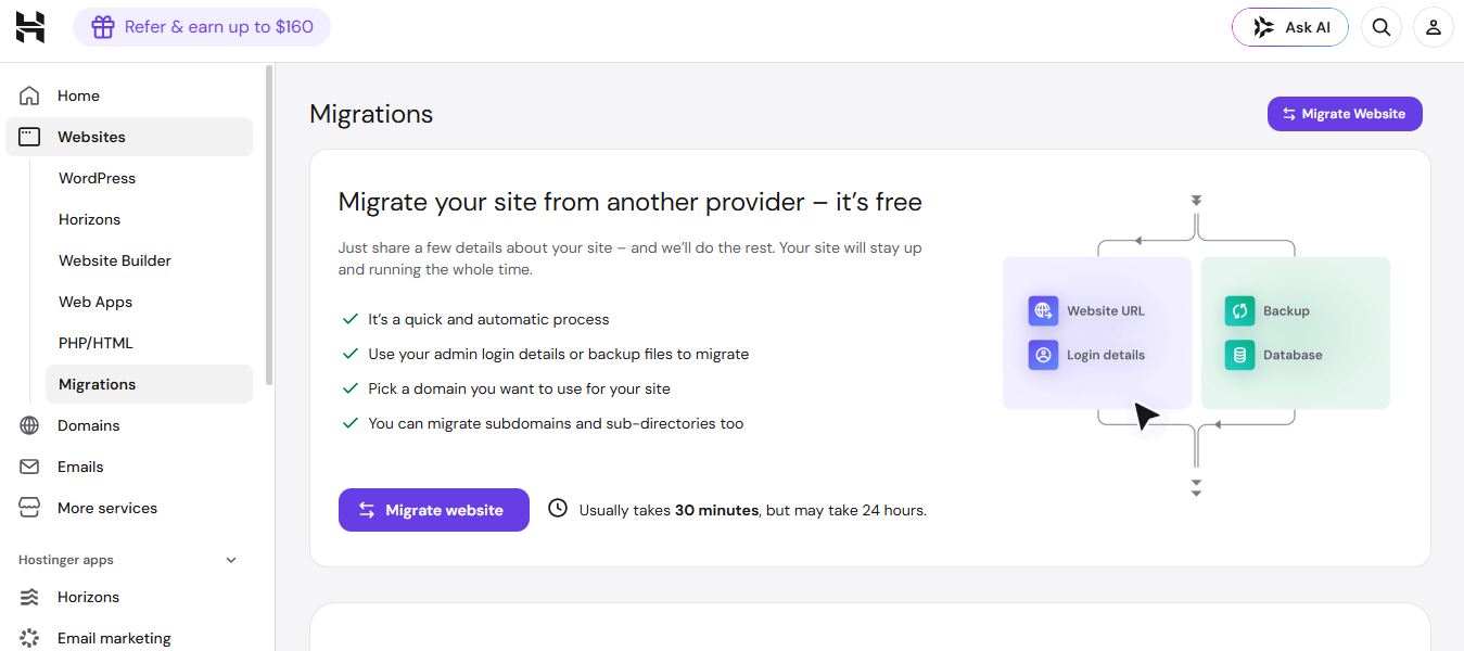 Hostinger Migrations dashboard offering a free site migration tool from another hosting provider.