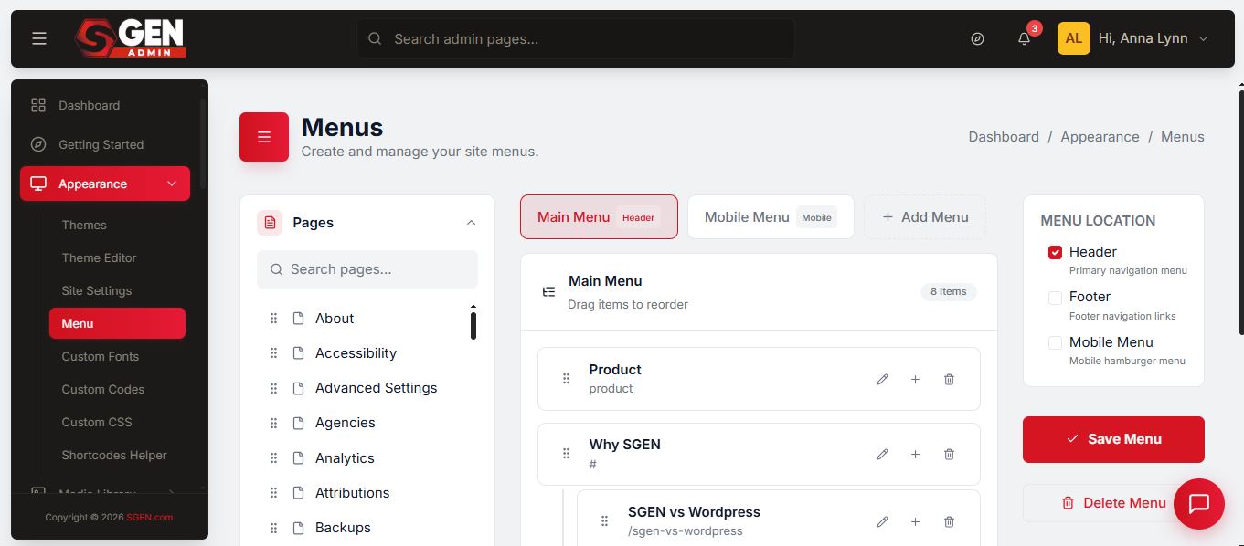 SGEN admin dashboard Menus panel showing the Main Menu structure with drag-to-reorder items