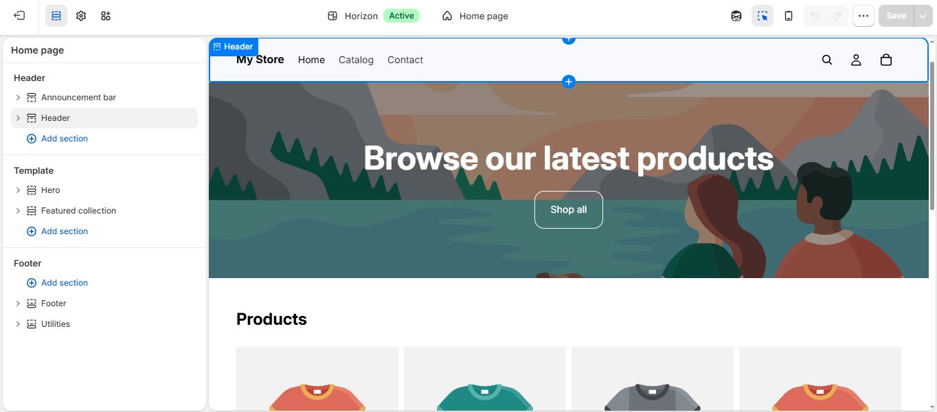 Shopify admin theme editor showing the Horizon theme with a hero banner and product grid.