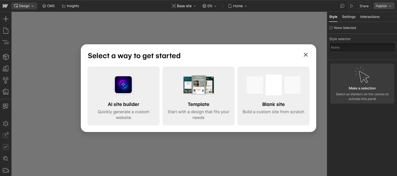 Webflow design window with a blank slate and popup window prompt for ways to get started.