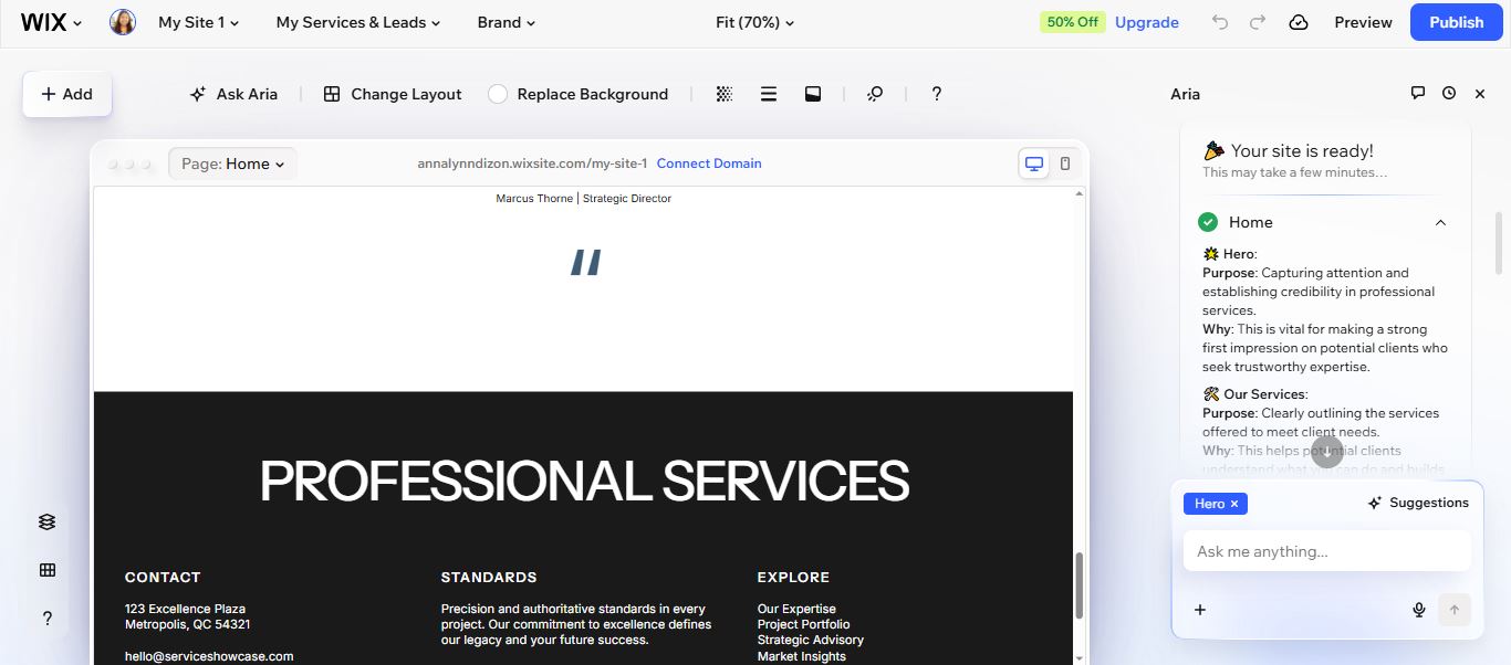 Wix Editor interface with the Aria AI assistant panel open, showing a professional services homepage.
